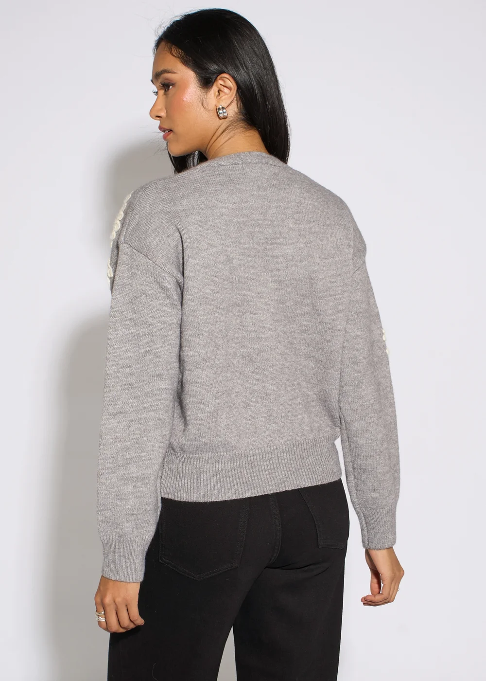 Gini London Grey Marl Floral Applique Button Front Cardigan - M/L Image 2