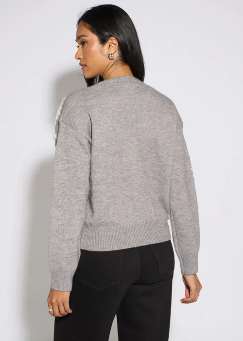 Gini London Grey Marl Floral Applique Button Front Cardigan - M/L Image 2