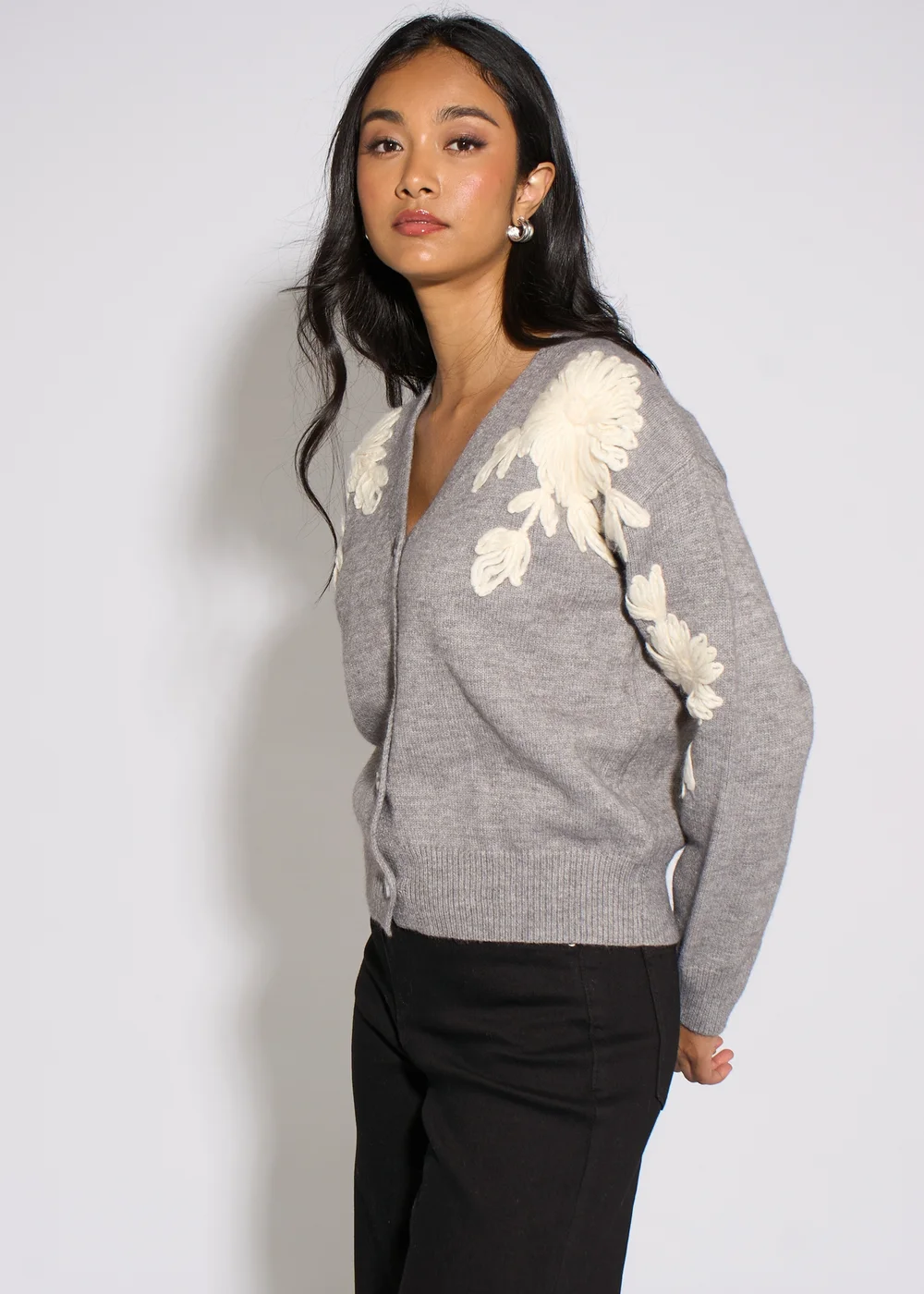 Gini London Grey Marl Floral Applique Button Front Cardigan - M/L Image 4