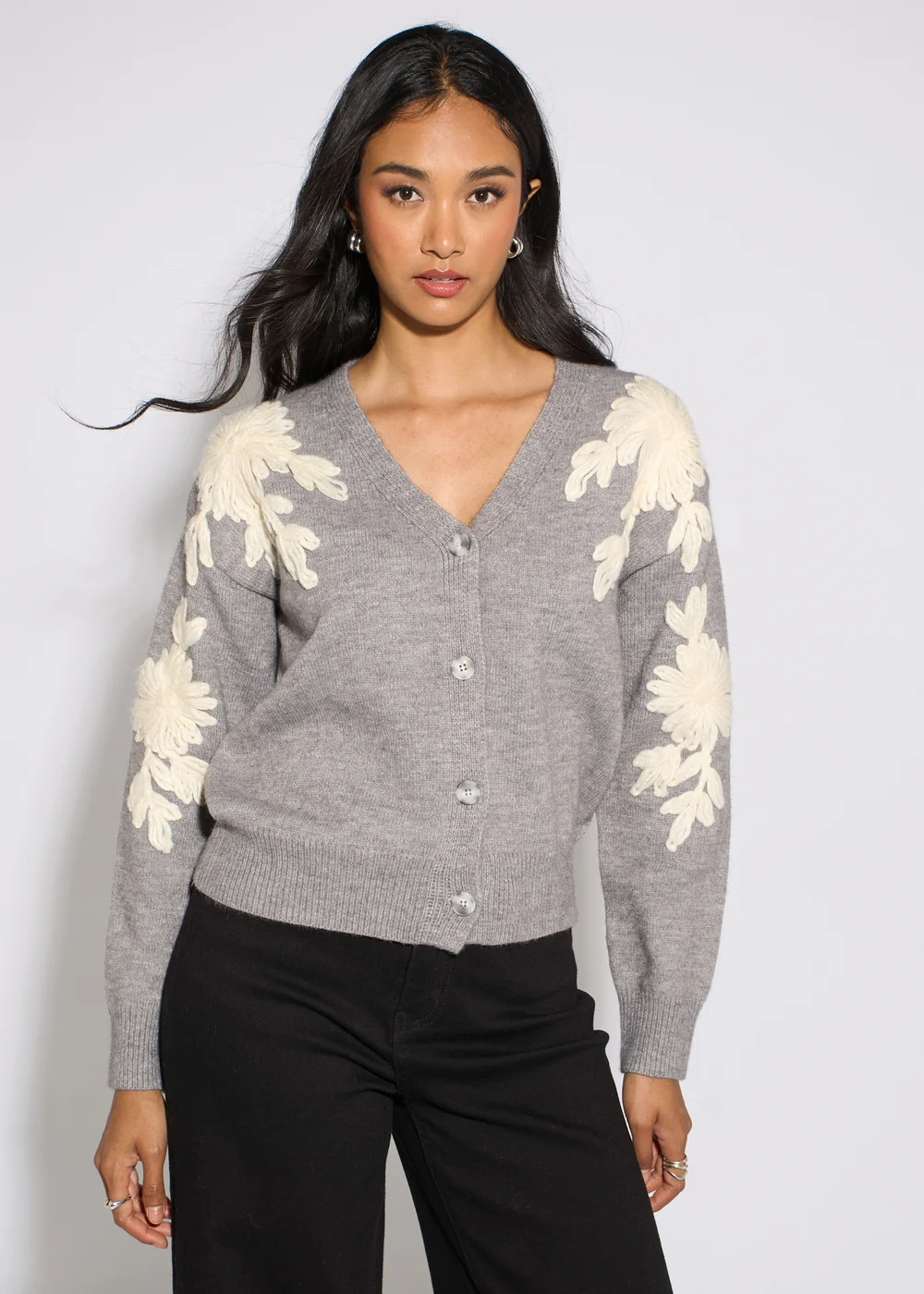 Gini London Grey Marl Floral Applique Button Front Cardigan - M/L Image 3