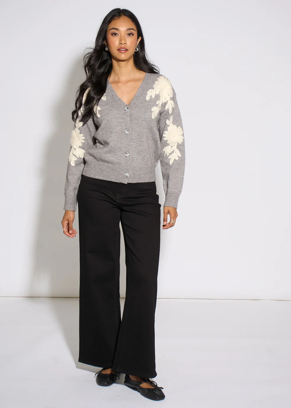 Gini London Grey Marl Floral Applique Button Front Cardigan - M/L Image 1