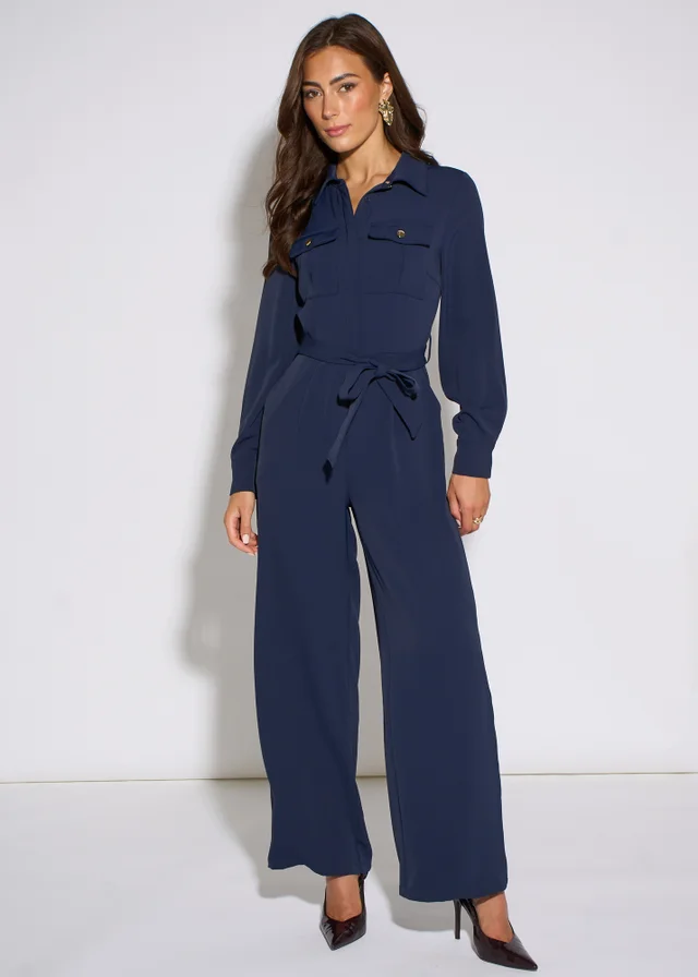 Gini London Navy Long Sleeves Side Strip Detail Jumpsuit