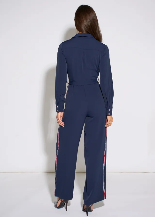 Gini London Navy Long Sleeves Side Strip Detail Jumpsuit