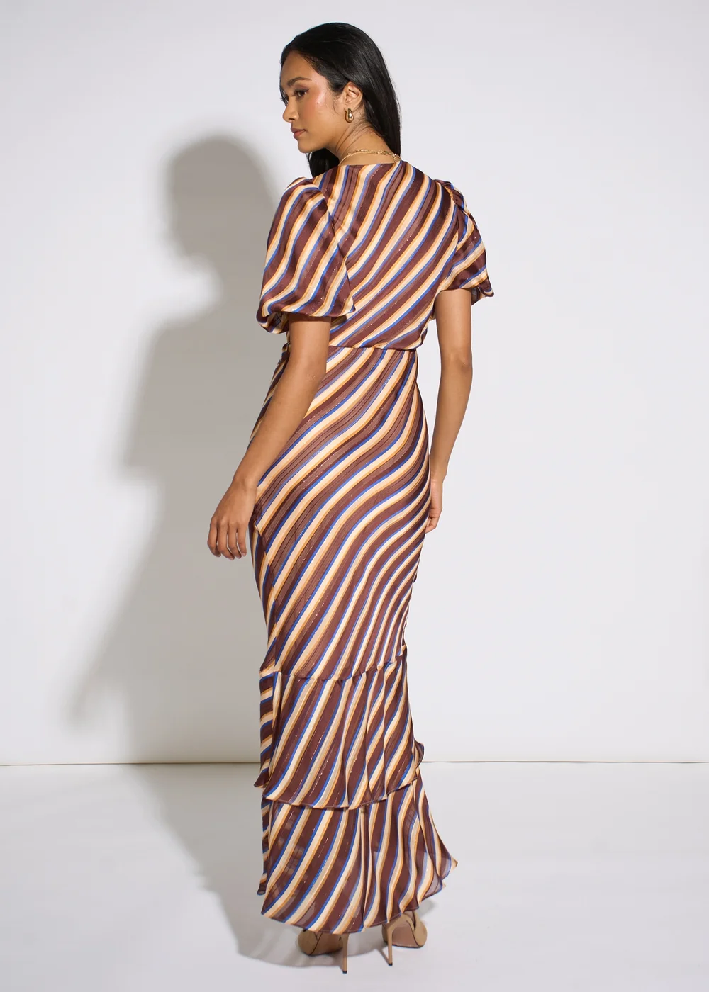 Gini London Brown Stripe Lurex Chiffon Maxi Dress - 14 Image 2