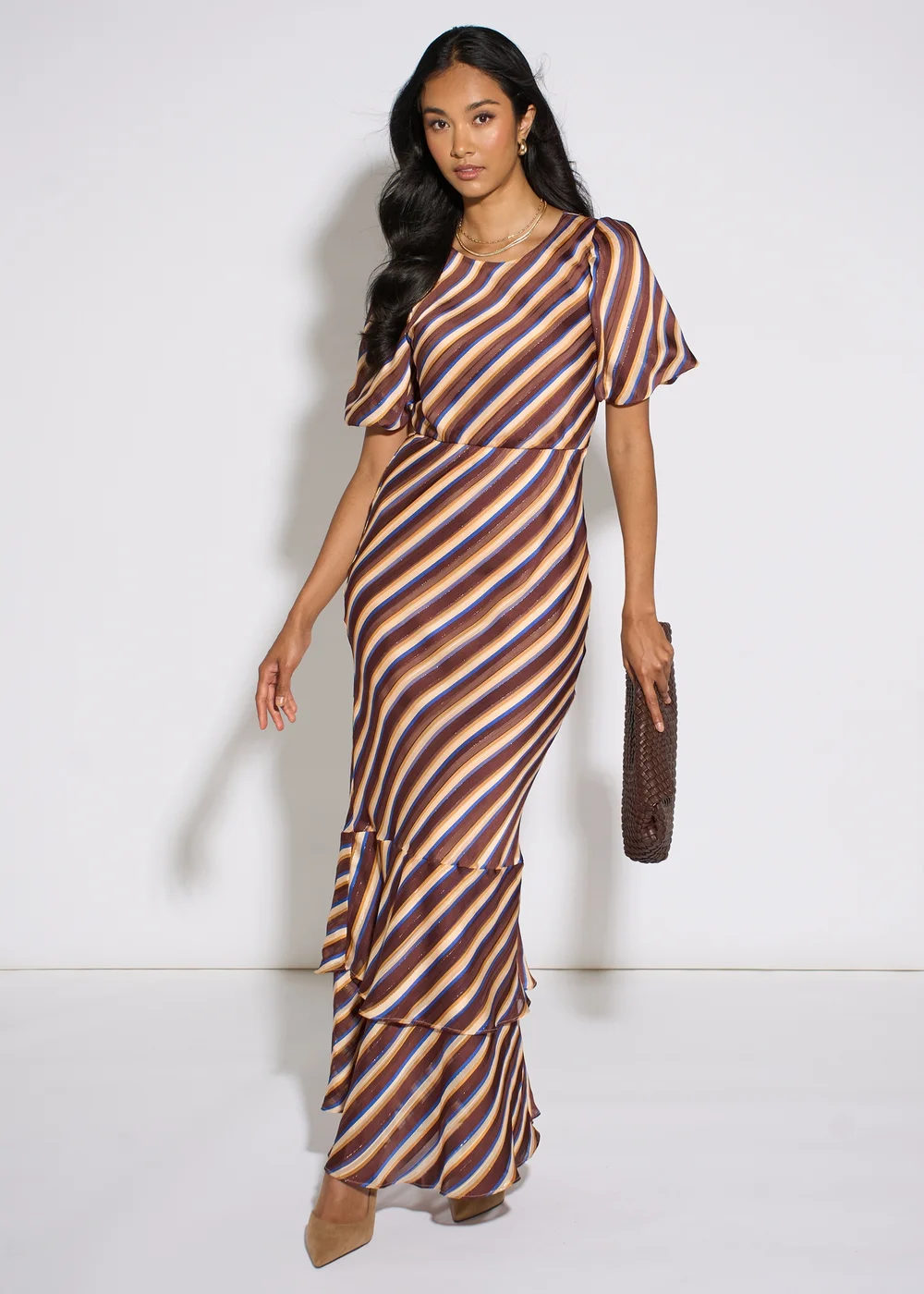 Gini London Brown Stripe Lurex Chiffon Maxi Dress - 14 Image 1