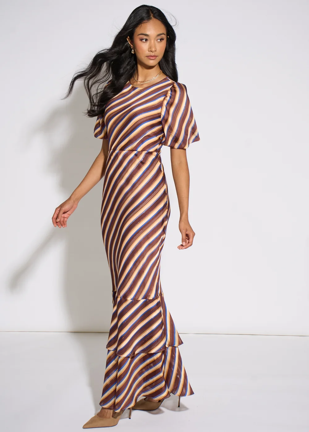Gini London Brown Stripe Lurex Chiffon Maxi Dress - 14 Image 4