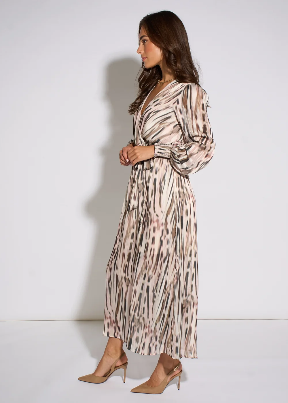 Gini London Champagne Animal Print Lurex Wrap Front Midi Dress - 8 Image 4