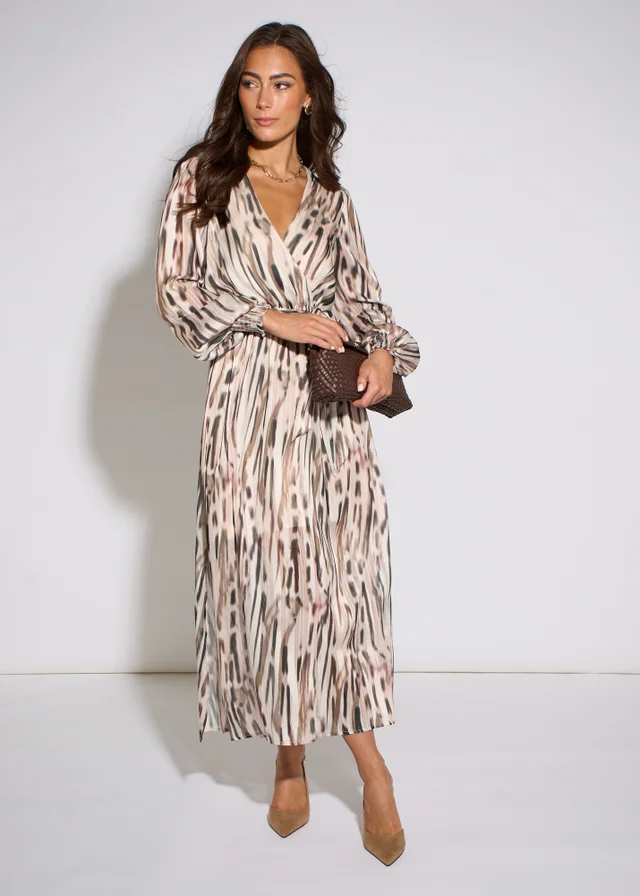 Gini London Champagne Animal Print Lurex Wrap Front Midi Dress