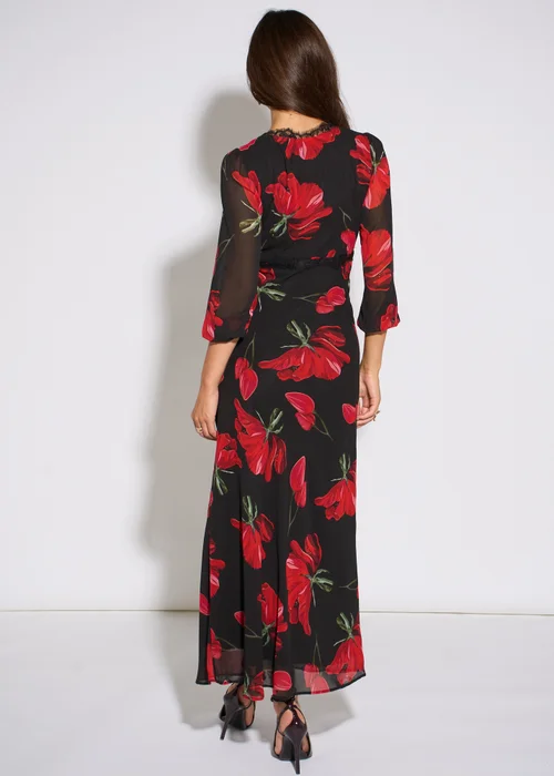 Gini London Black Base Red Bloom Lace Trim Midi Dress - 10 Image 2