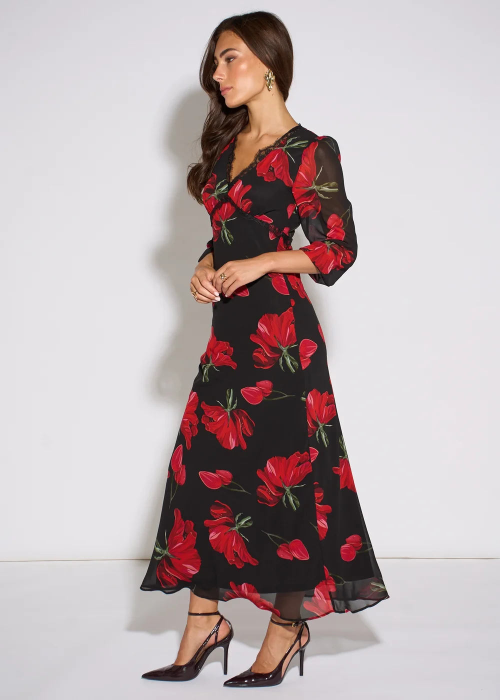 Gini London Black Base Red Bloom Lace Trim Midi Dress - 10 Image 4
