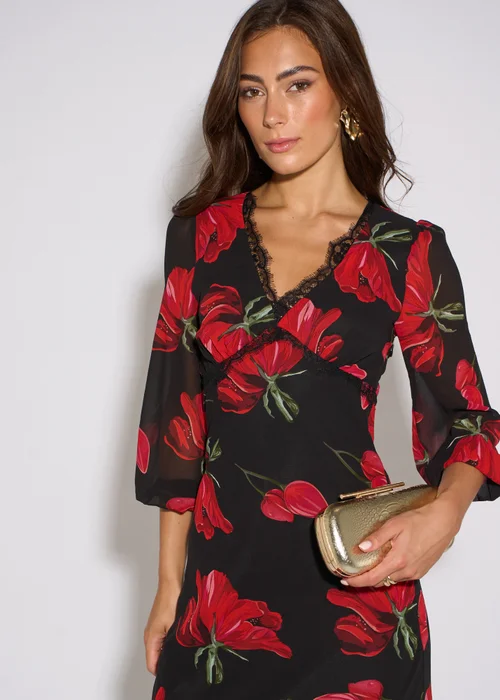 Gini London Black Base Red Bloom Lace Trim Midi Dress - 10 Image 3