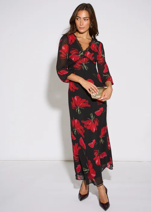 Gini London Black Base Red Bloom Lace Trim Midi Dress - 10 Image 1