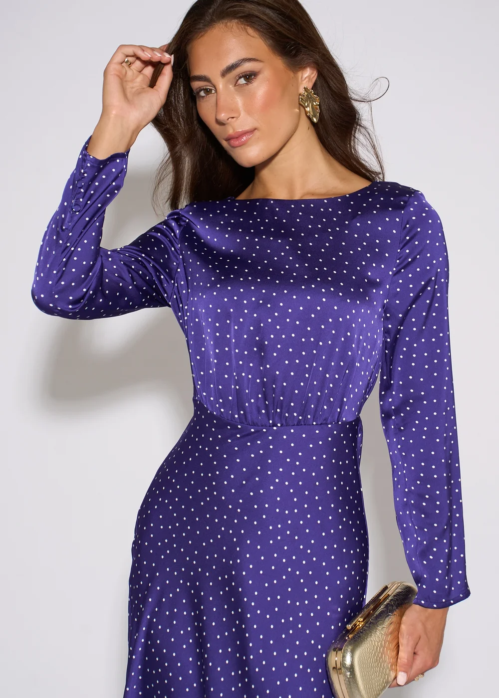 Gini London Blue Spot Long Sleeves Satin Midi Dress - 8 Image 4