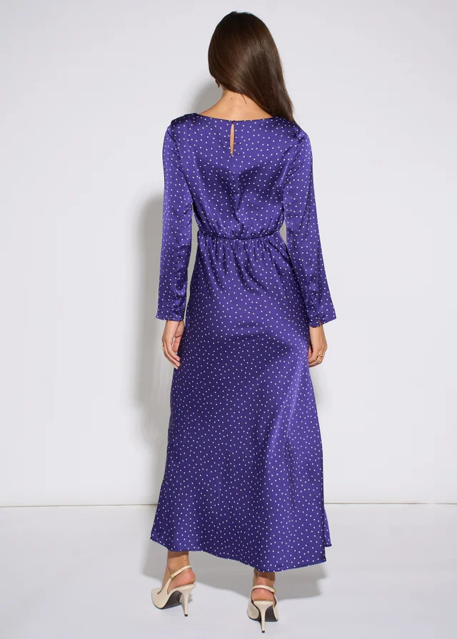 Gini London Blue Spot Long Sleeves Satin Midi Dress