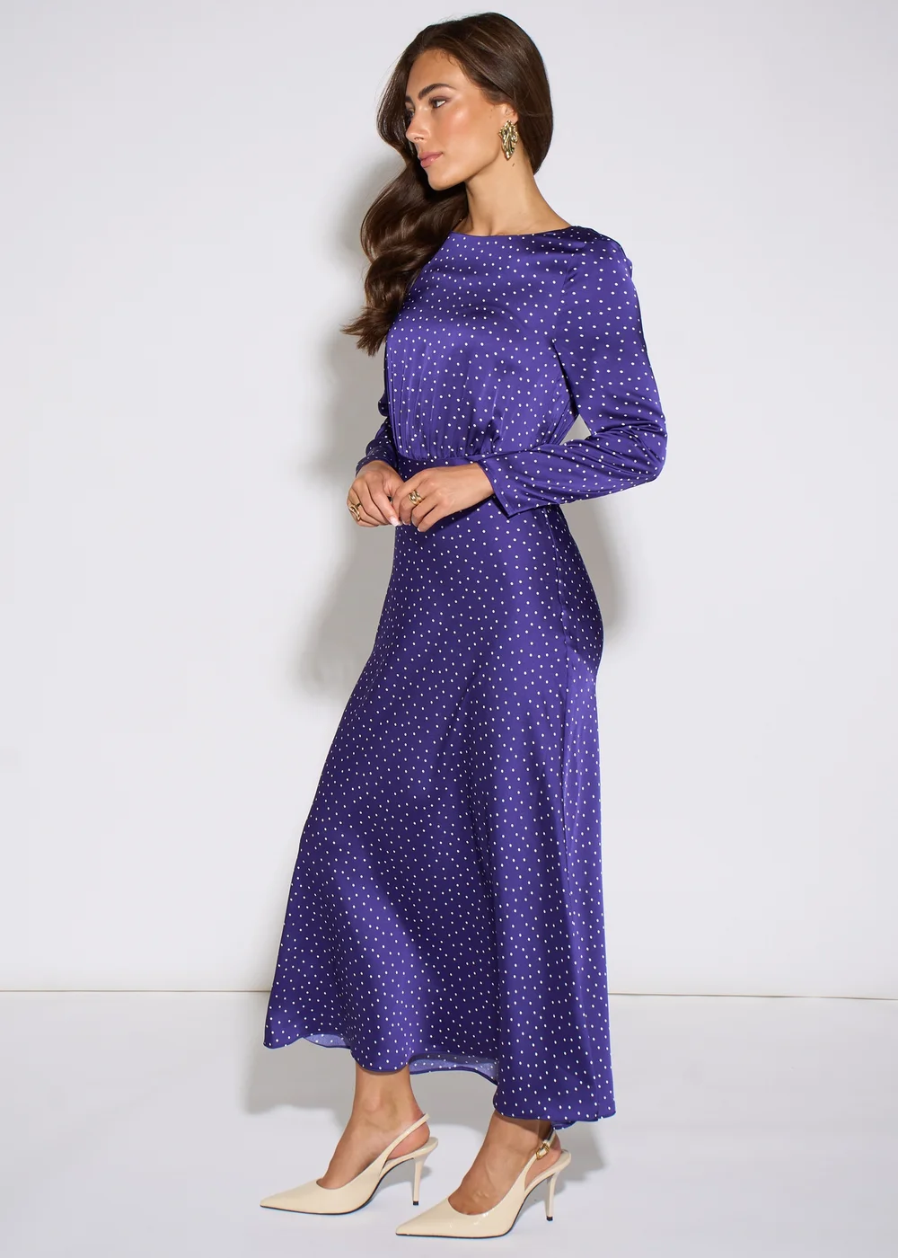 Gini London Blue Spot Long Sleeves Satin Midi Dress - 8 Image 5