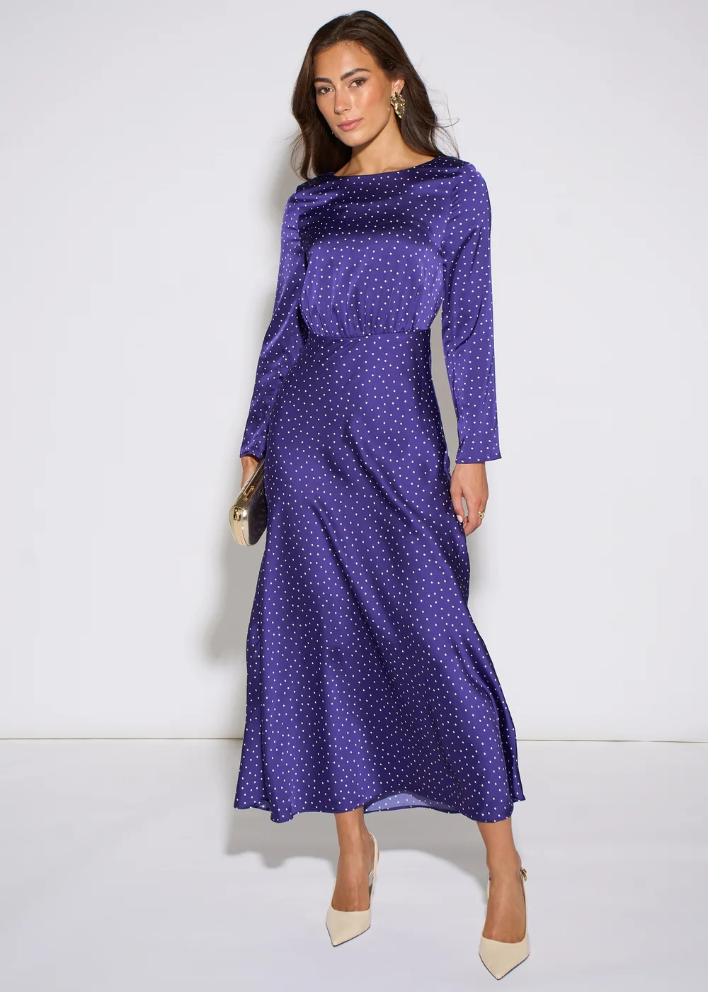 Gini London Blue Spot Long Sleeves Satin Midi Dress - 8 Image 2