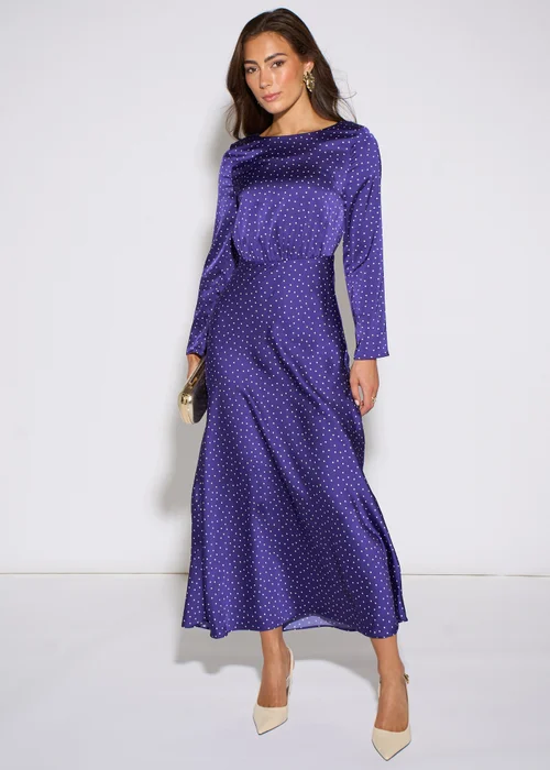 Gini London Blue Spot Long Sleeves Satin Midi Dress - 8 Image 2