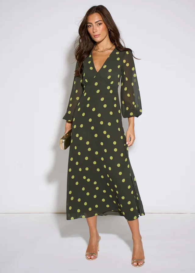 Gini London Green Lime Spot V Neck Midi Dress