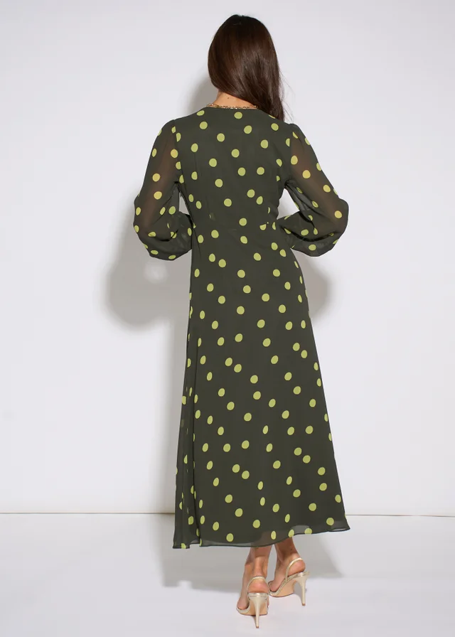 Gini London Green Lime Spot V Neck Midi Dress