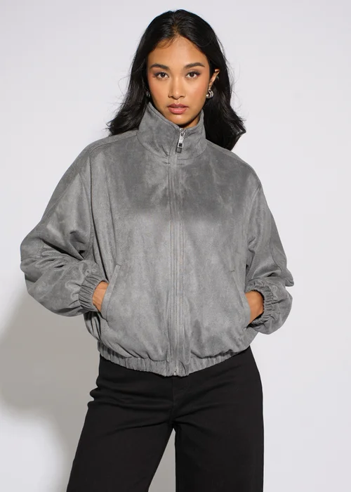 Gini London Grey Faux Suede Funnel Neck Bomber Jacket - 16 Image 1
