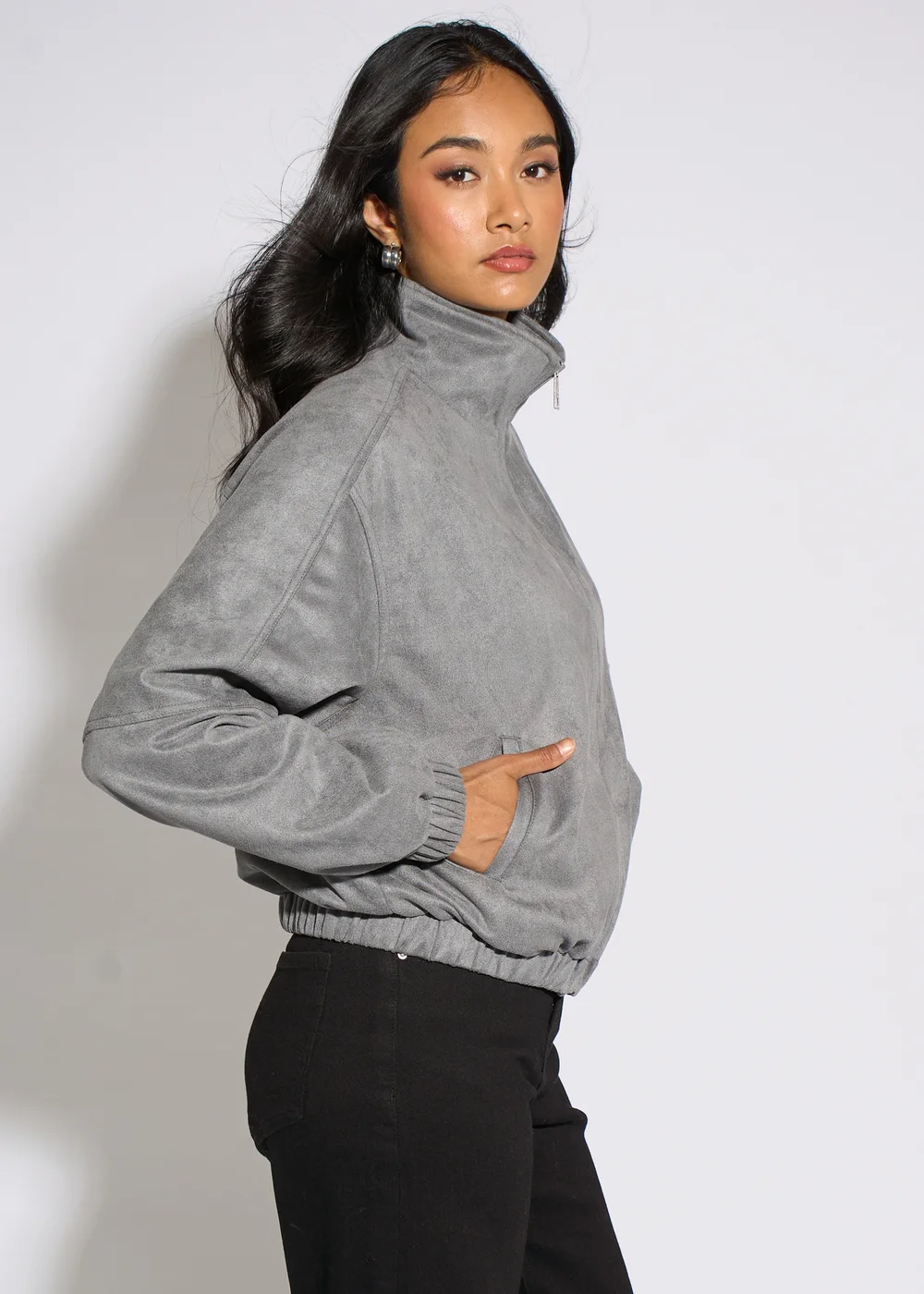 Gini London Grey Faux Suede Funnel Neck Bomber Jacket - 16 Image 4