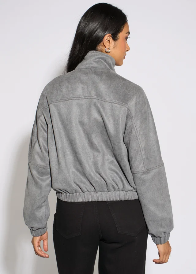 Gini London Grey Faux Suede Funnel Neck Bomber Jacket