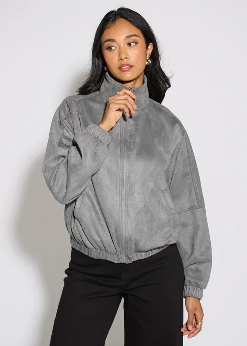 Gini London Grey Faux Suede Funnel Neck Bomber Jacket - 16 Image 3