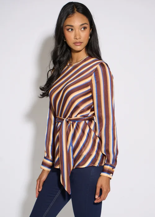 Gini London Brown Diagonal Stripe Lurex Belted Blouse - 12 Image 4