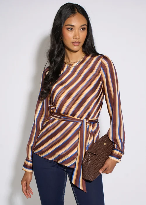 Gini London Brown Diagonal Stripe Lurex Belted Blouse - 12 Image 3