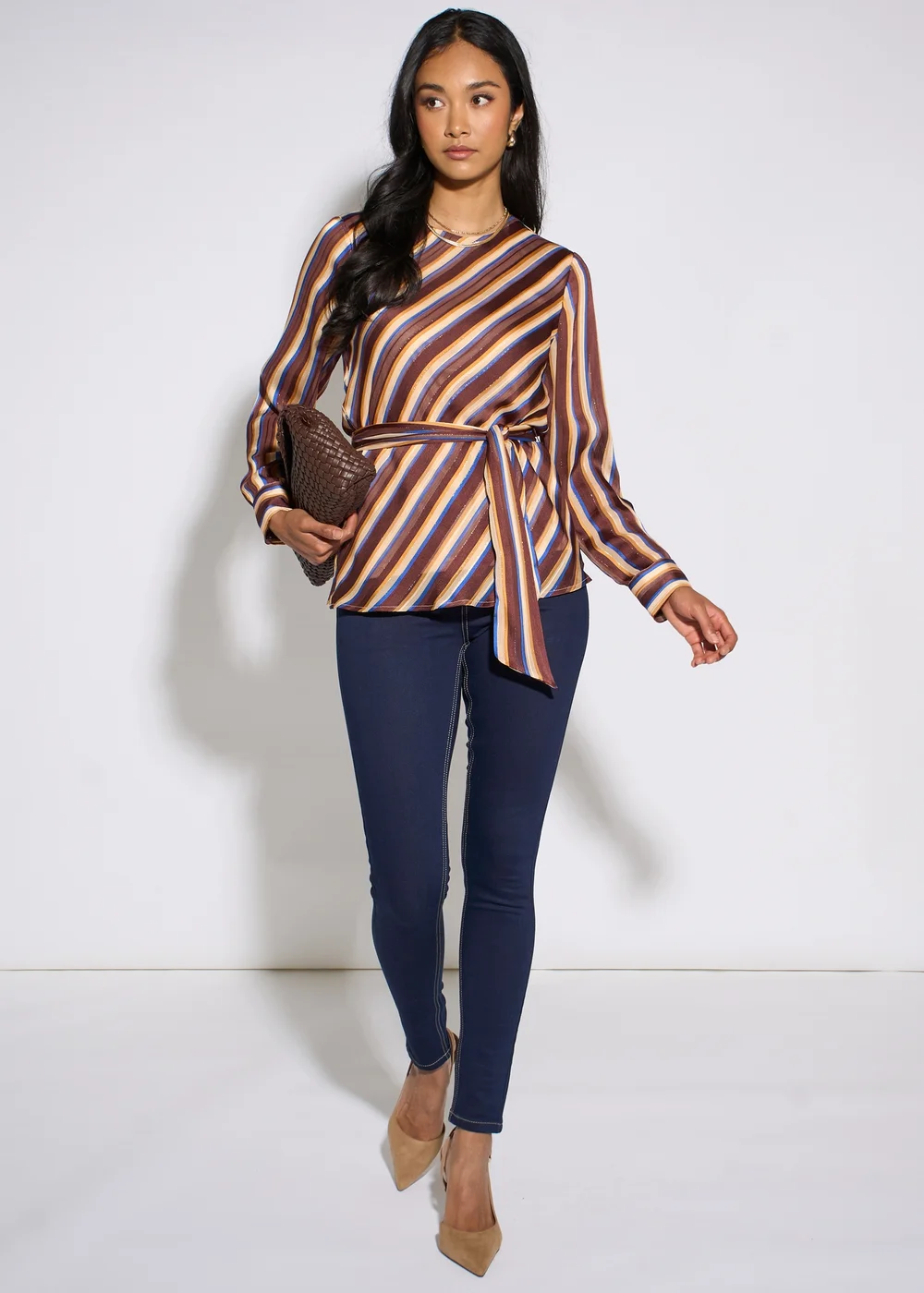Gini London Brown Diagonal Stripe Lurex Belted Blouse - 12 Image 1