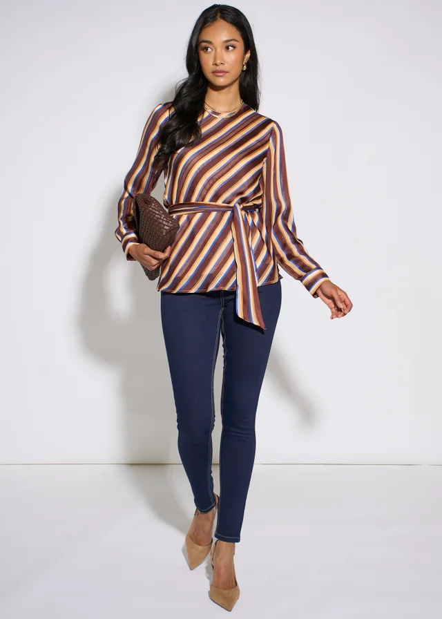 Gini London Brown Diagonal Stripe Lurex Belted Blouse