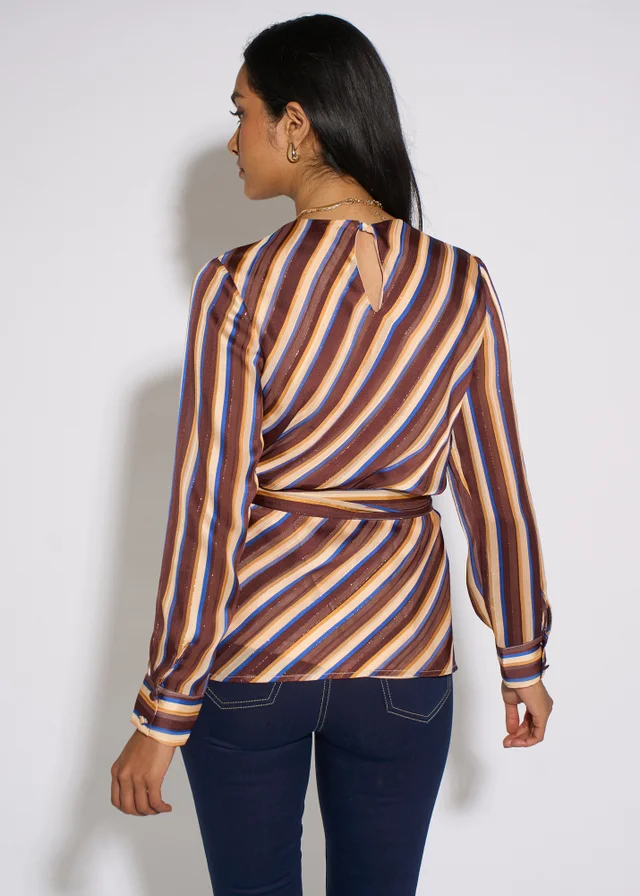 Gini London Brown Diagonal Stripe Lurex Belted Blouse