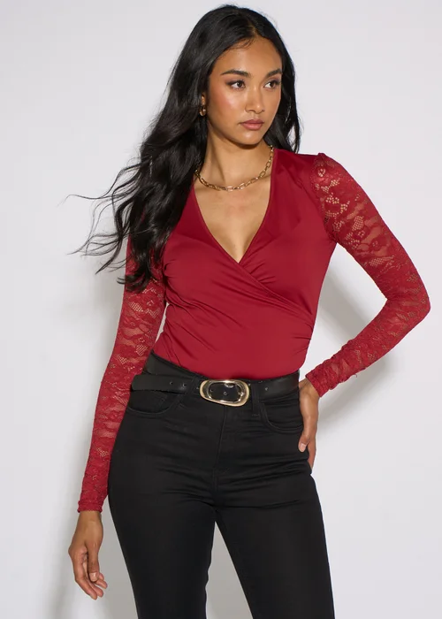 Gini London Red Lace Sleeves Jersey Wrap Front Top - 14 Image 3