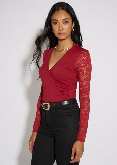 Gini London Red Lace Sleeves Jersey Wrap Front Top - 14 Image 4
