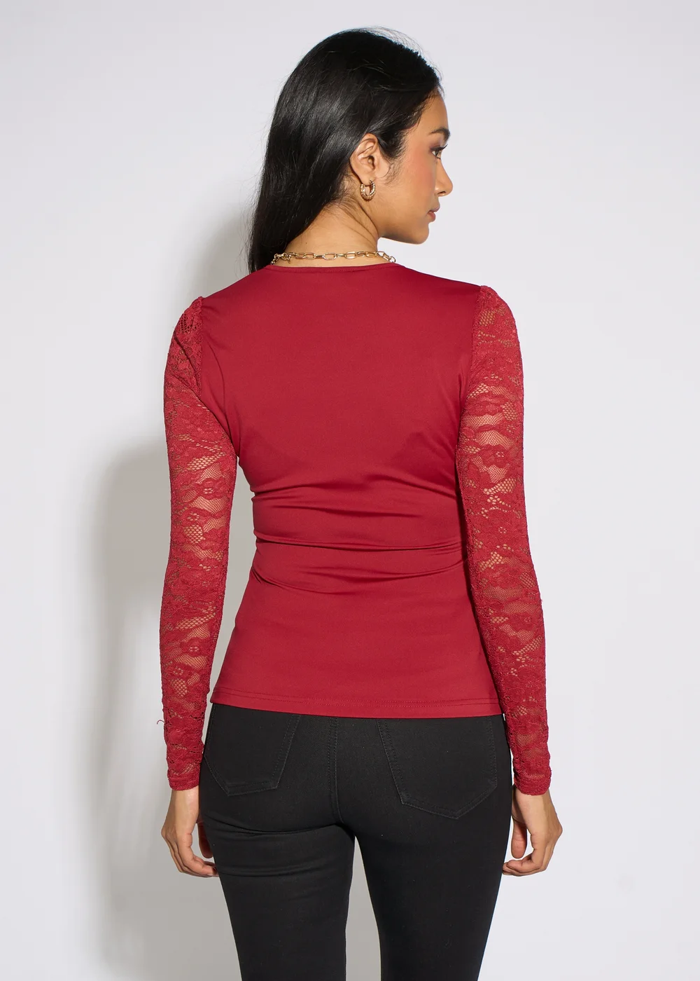 Gini London Red Lace Sleeves Jersey Wrap Front Top - 14 Image 2