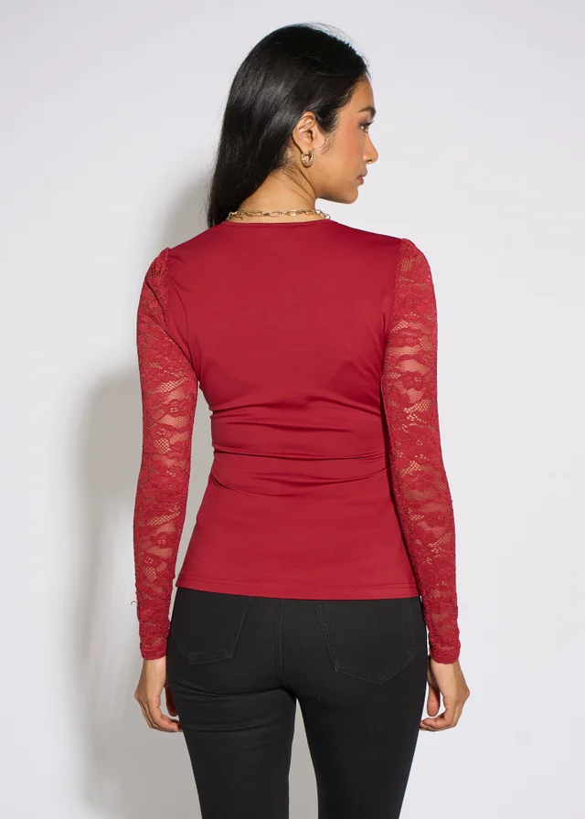 Gini London Red Lace Sleeves Jersey Wrap Front Top