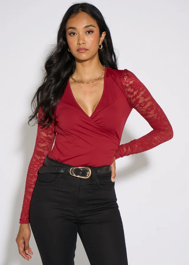 Gini London Red Lace Sleeves Jersey Wrap Front Top