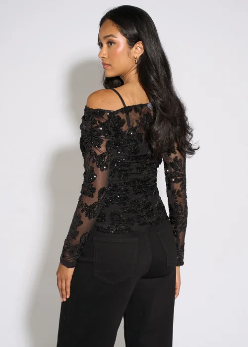 Gini London Black Floral Sequin Asymmetric Top - 12 Image 2