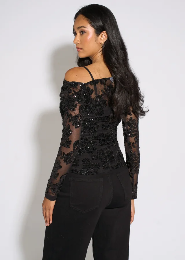 Gini London Black Floral Sequin Asymmetric Top