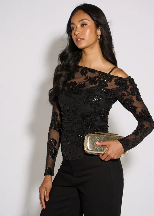 Gini London Black Floral Sequin Asymmetric Top - 12 Image 4