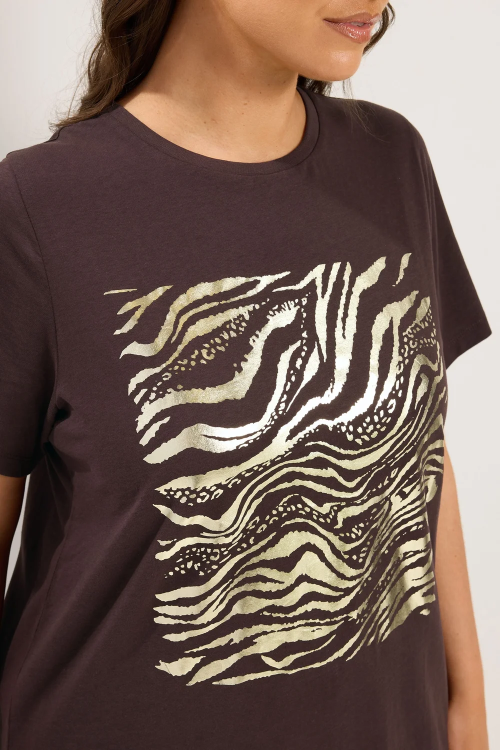 Yours Curve Chocolate Brown Zebra Foil T-Shirt - 14 Image 5