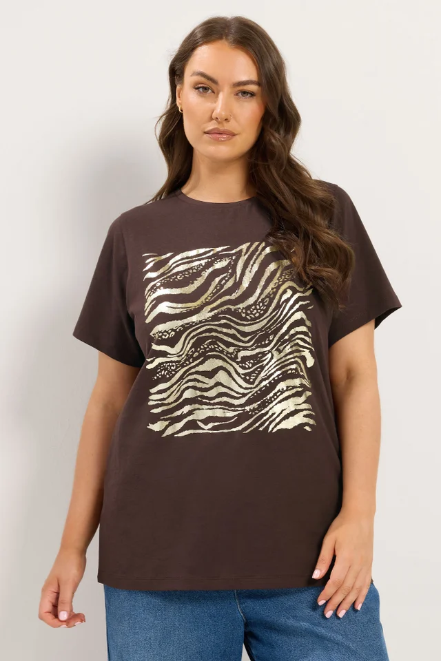 Yours Curve Chocolate Brown Zebra Foil T-Shirt