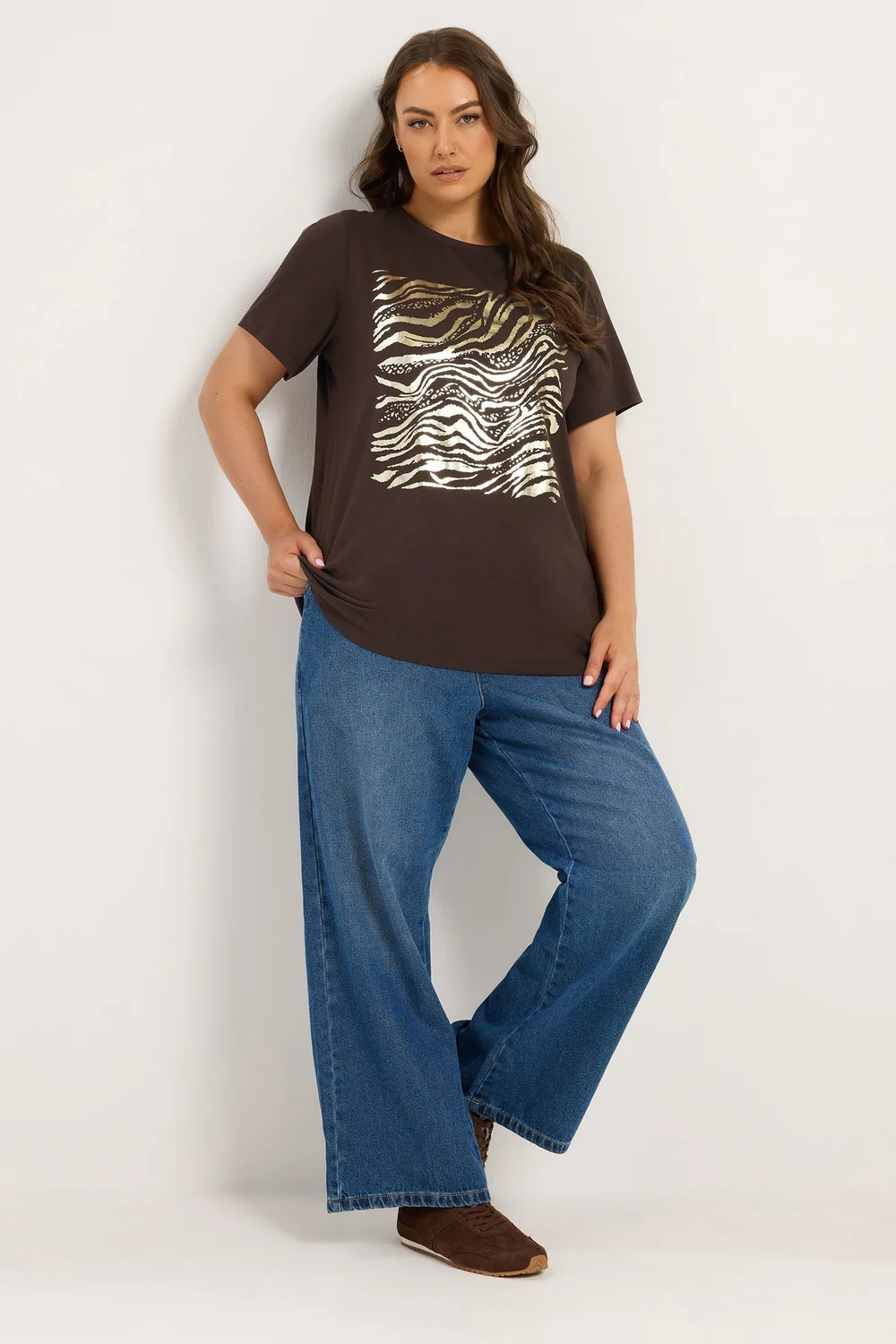 Yours Curve Chocolate Brown Zebra Foil T-Shirt - 14 Image 3