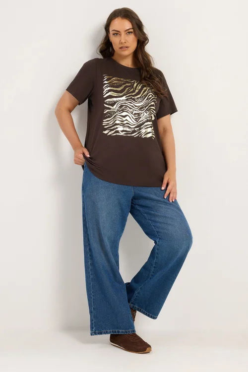 Yours Curve Chocolate Brown Zebra Foil T-Shirt - 14 Image 3