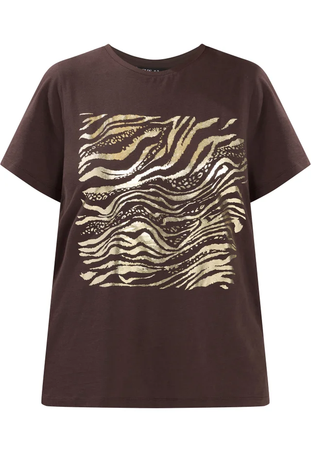 Yours Curve Chocolate Brown Zebra Foil T-Shirt