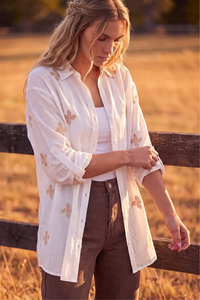 Roman Ivory Floral Embroidered Shirt