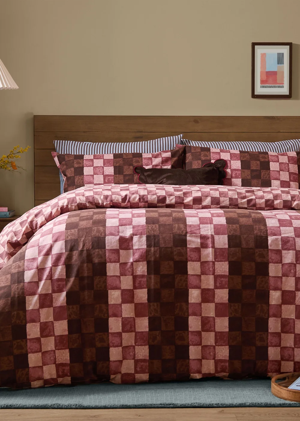 Furn Huxley Double Reversible Checkerboard Duvet Set Chocolate & Blush - Single Image 1