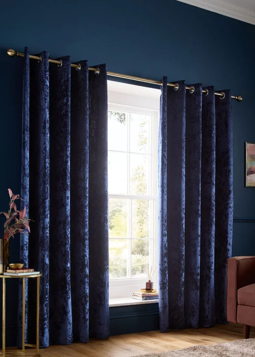 Catherine Lansfield Crushed Velvet Lined Eyelet Curtains Navy Blue - 46W X 90D (116x228cm) Image 1