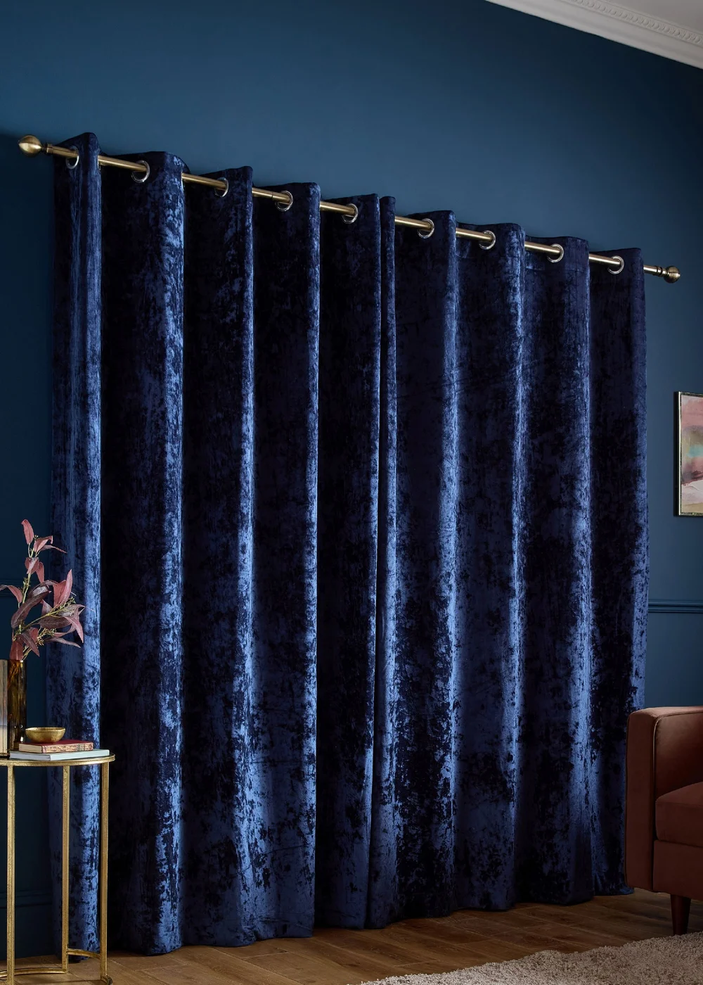 Catherine Lansfield Crushed Velvet Lined Eyelet Curtains Navy Blue - 46W X 90D (116x228cm) Image 2