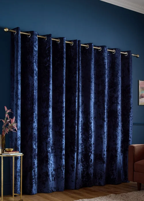 Catherine Lansfield Crushed Velvet Lined Eyelet Curtains Navy Blue - 46W X 90D (116x228cm) Image 2